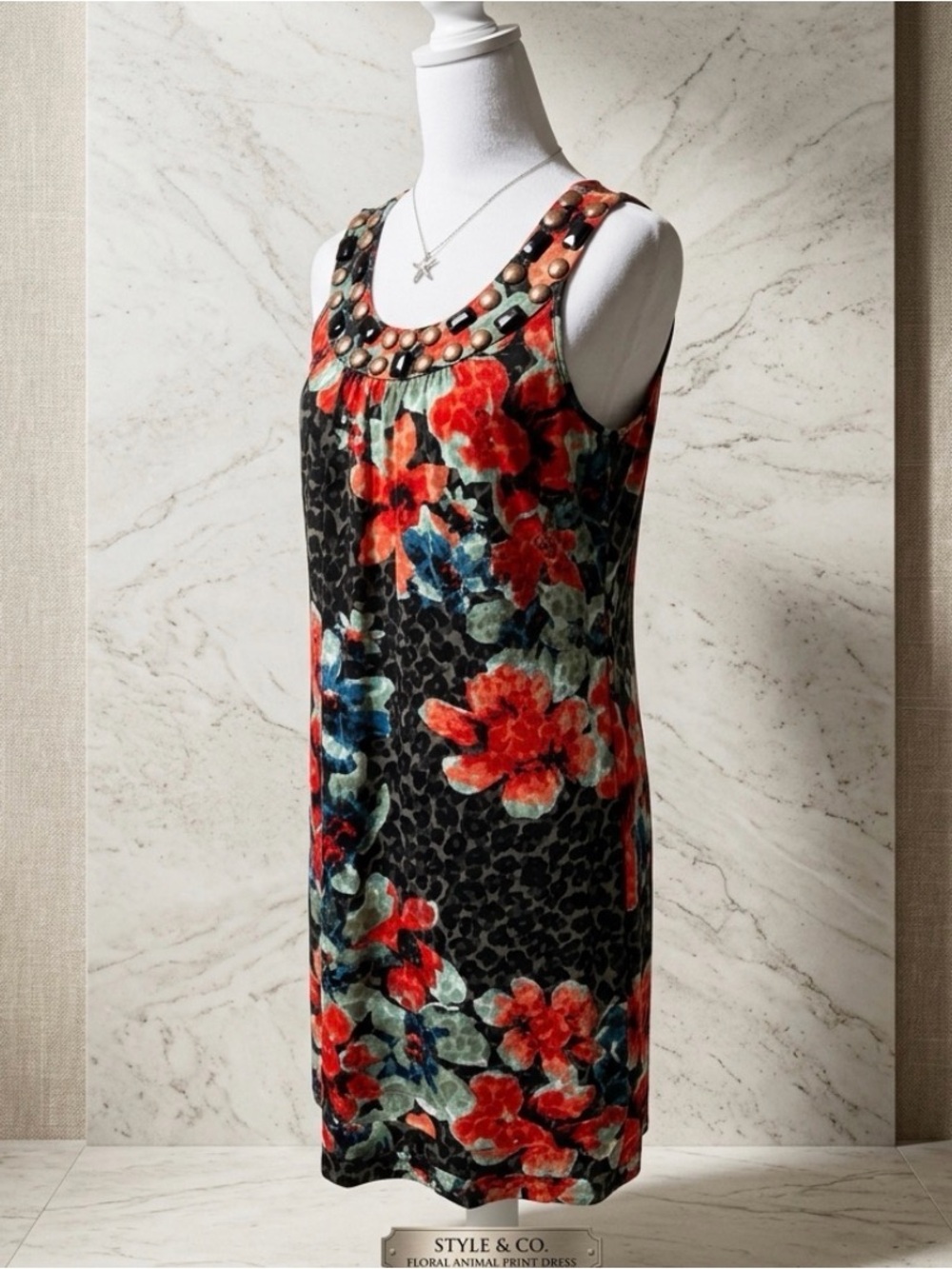 Style & Co. Floral Studded Scoop dress - Black, Red, Blue